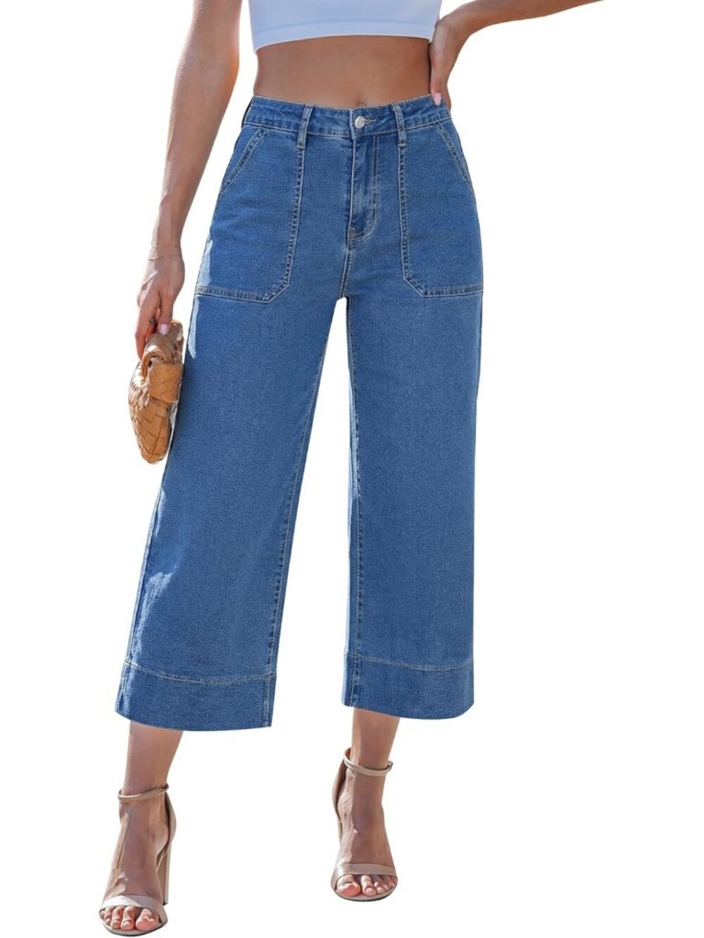 Women's Classic Blue Trendy High Waisted Baggy Straight Stretch Denim Wide Leg